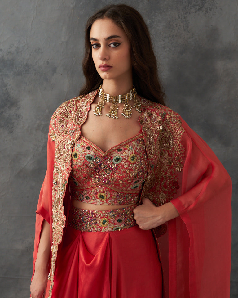 Gulrez Cape With Embroidered Bustier & Draped Skirt
