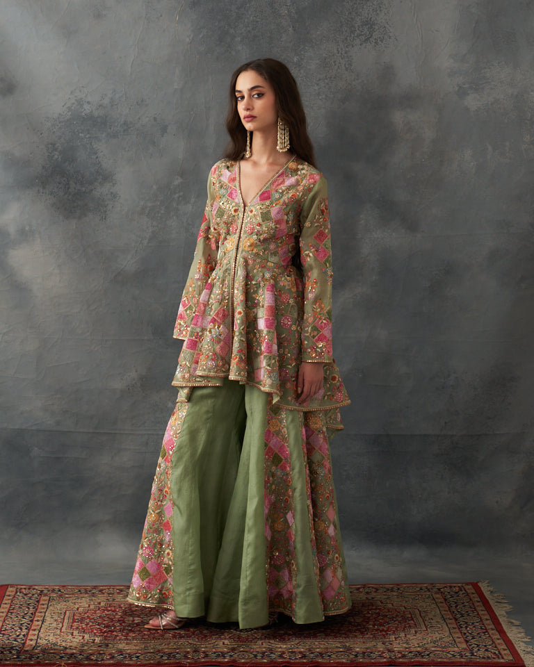 Velvet Patchwork Peplum With Heavy Embroidered Sharara