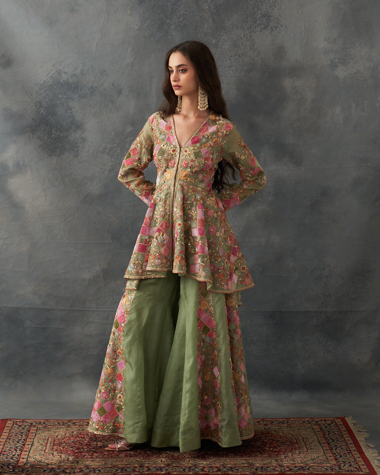 Velvet Patchwork Peplum With Heavy Embroidered Sharara