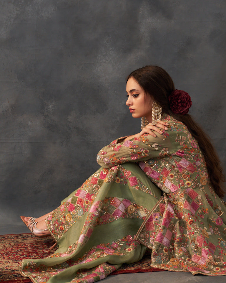 Velvet Patchwork Peplum With Heavy Embroidered Sharara