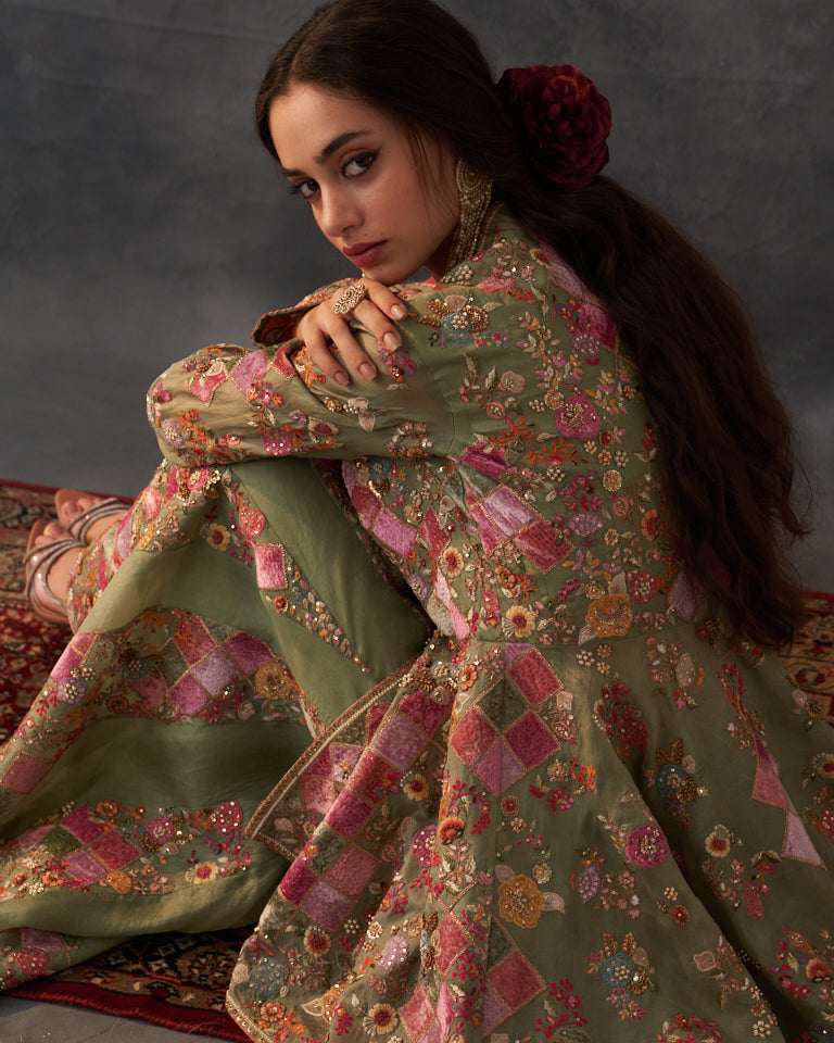 Velvet Patchwork Peplum With Heavy Embroidered Sharara