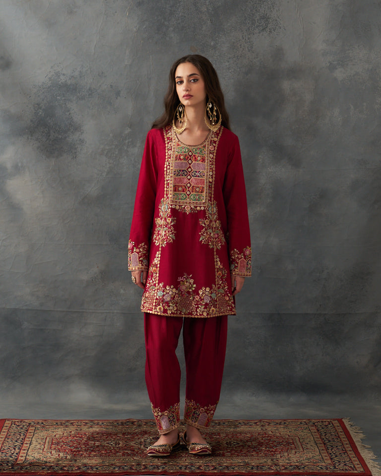 Velvet Patchwork Loose Phiran Kurta Set With Embroidered Bottom