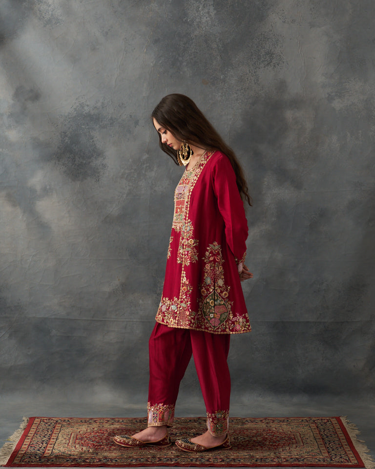 Velvet Patchwork Loose Phiran Kurta Set With Embroidered Bottom