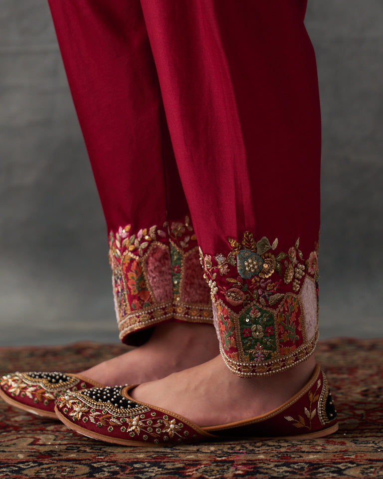 Velvet Patchwork Loose Phiran Kurta Set With Embroidered Bottom