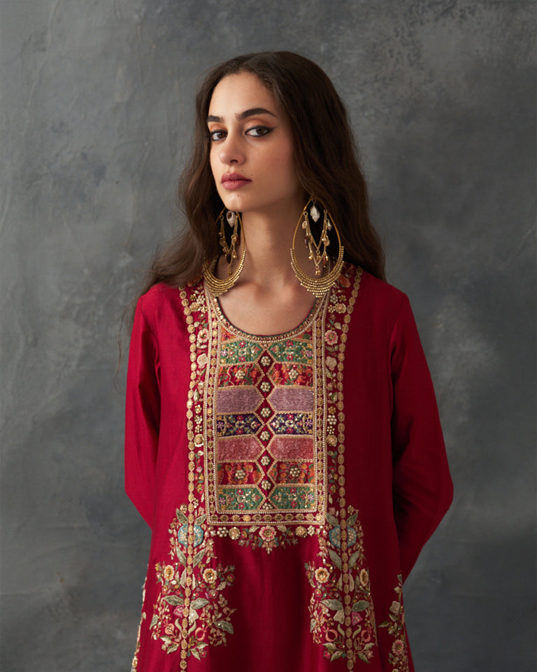 Velvet Patchwork Loose Phiran Kurta Set With Embroidered Bottom