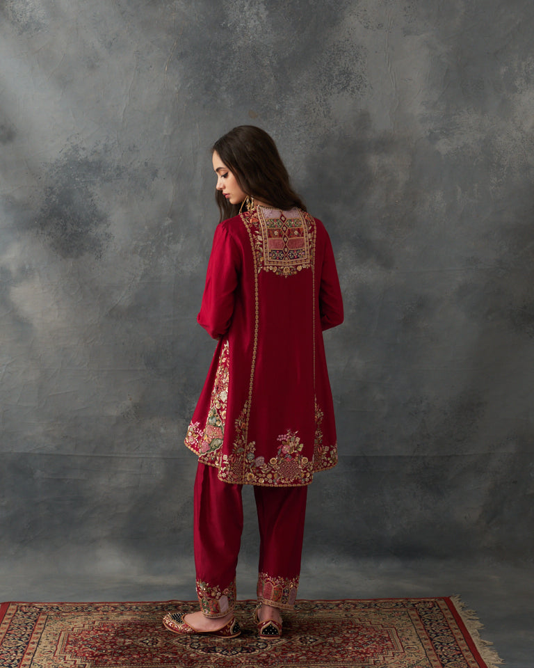 Velvet Patchwork Loose Phiran Kurta Set With Embroidered Bottom