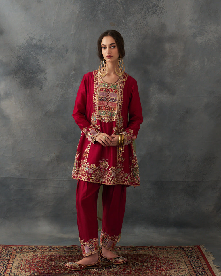 Velvet Patchwork Loose Phiran Kurta Set With Embroidered Bottom