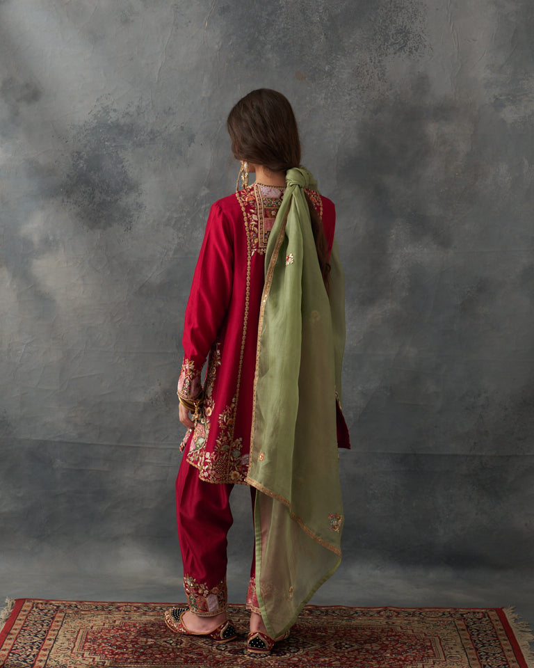 Velvet Patchwork Loose Phiran Kurta Set With Embroidered Bottom