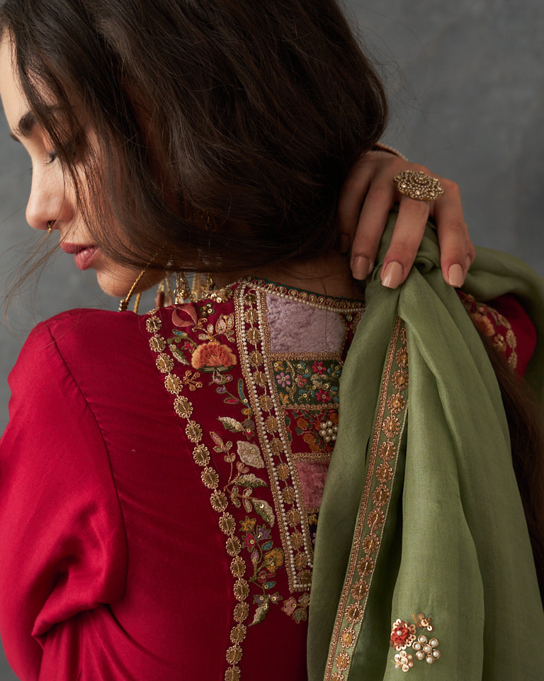 Velvet Patchwork Loose Phiran Kurta Set With Embroidered Bottom