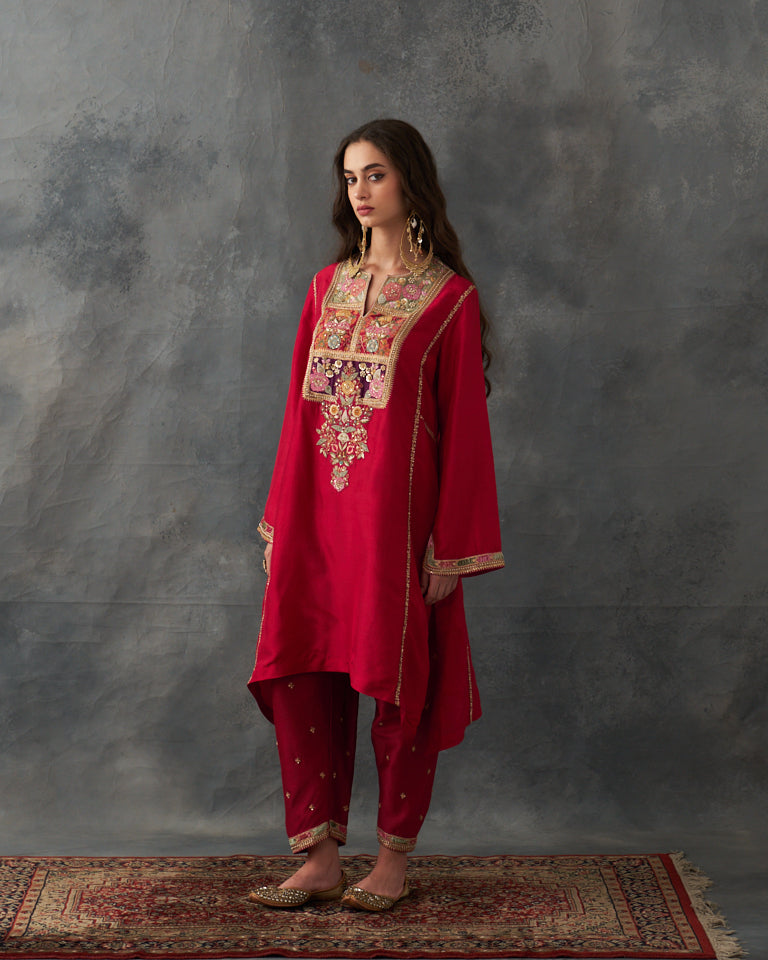 Velvet Patchwork  Asymetrical Kurta With Embroidered Pants