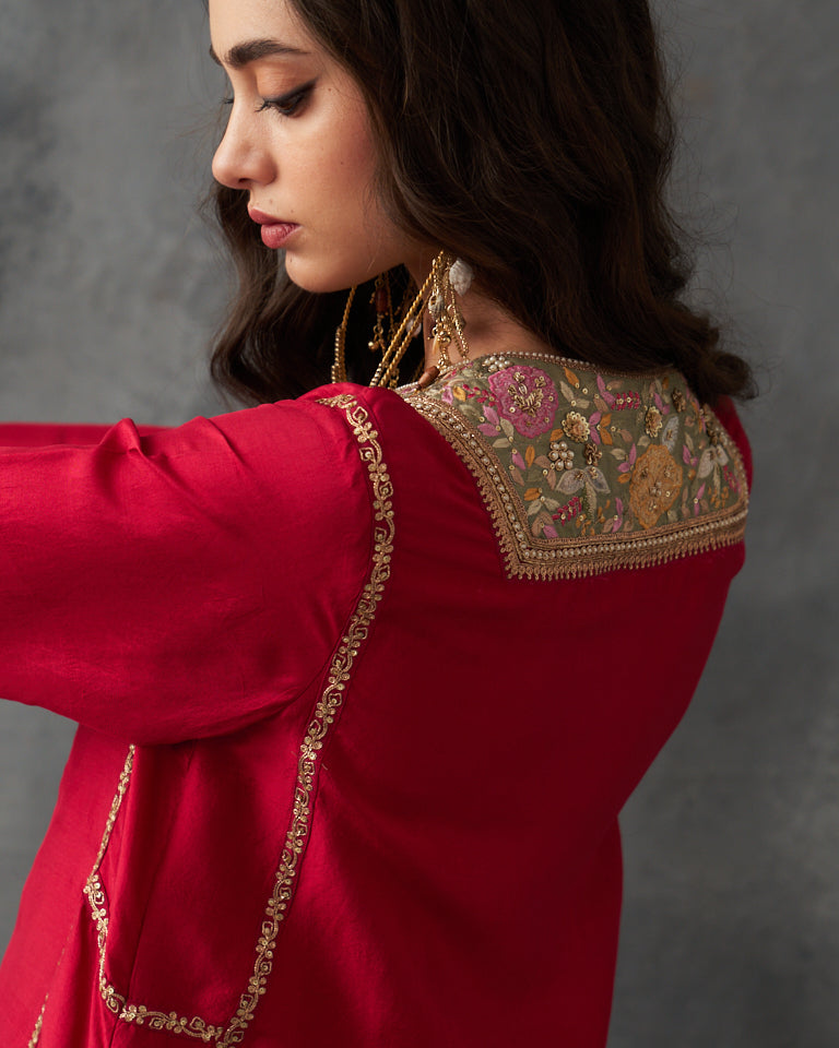 Velvet Patchwork  Asymetrical Kurta With Embroidered Pants
