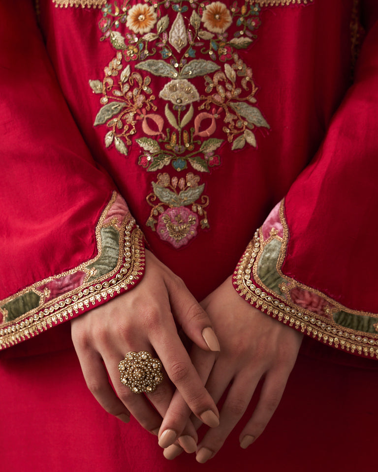 Velvet Patchwork  Asymetrical Kurta With Embroidered Pants