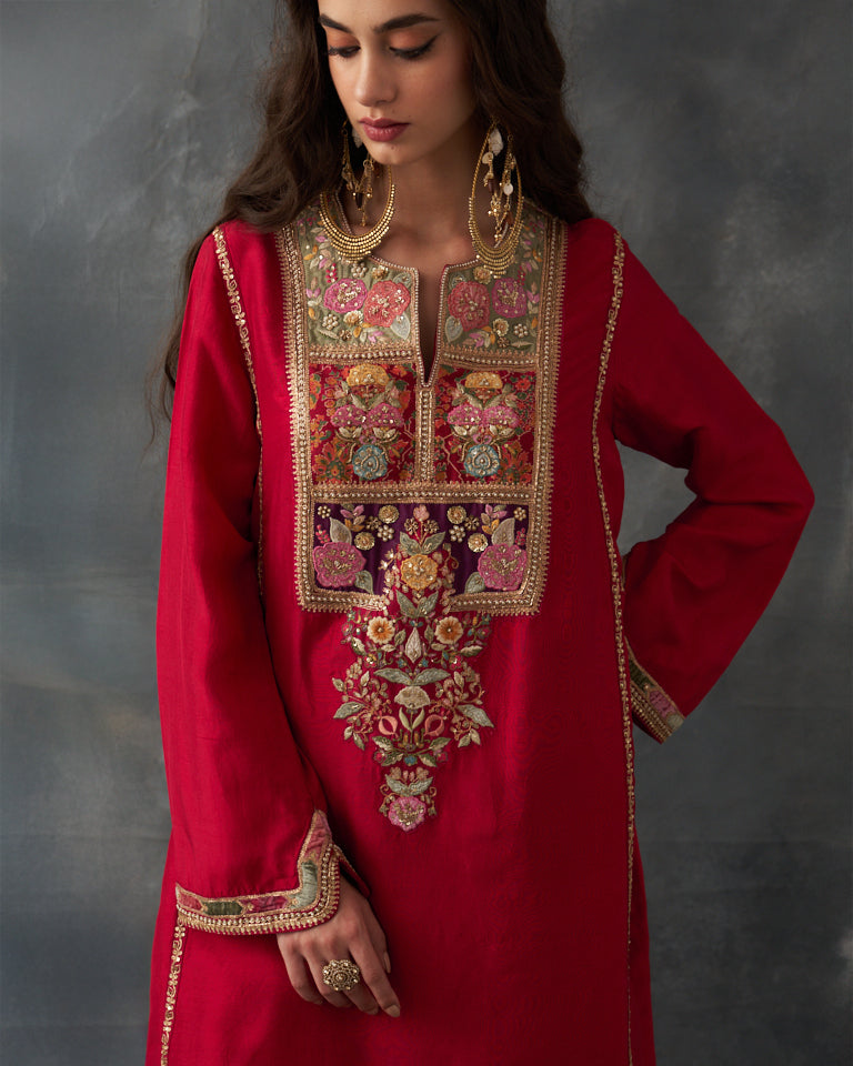 Velvet Patchwork  Asymetrical Kurta With Embroidered Pants