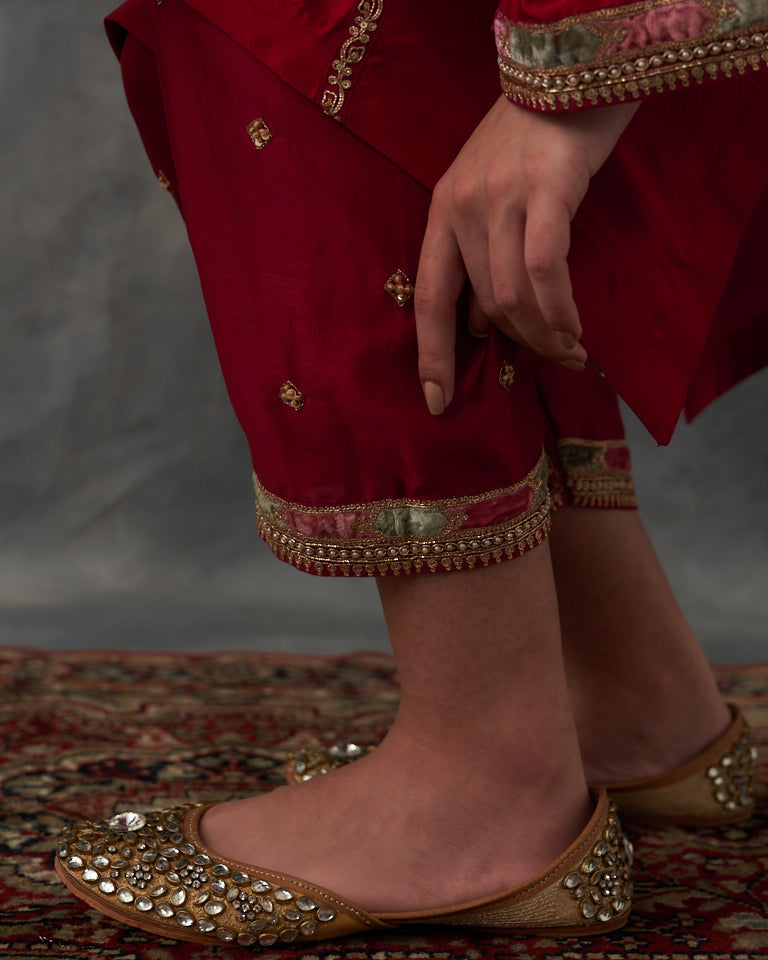 Velvet Patchwork  Asymetrical Kurta With Embroidered Pants