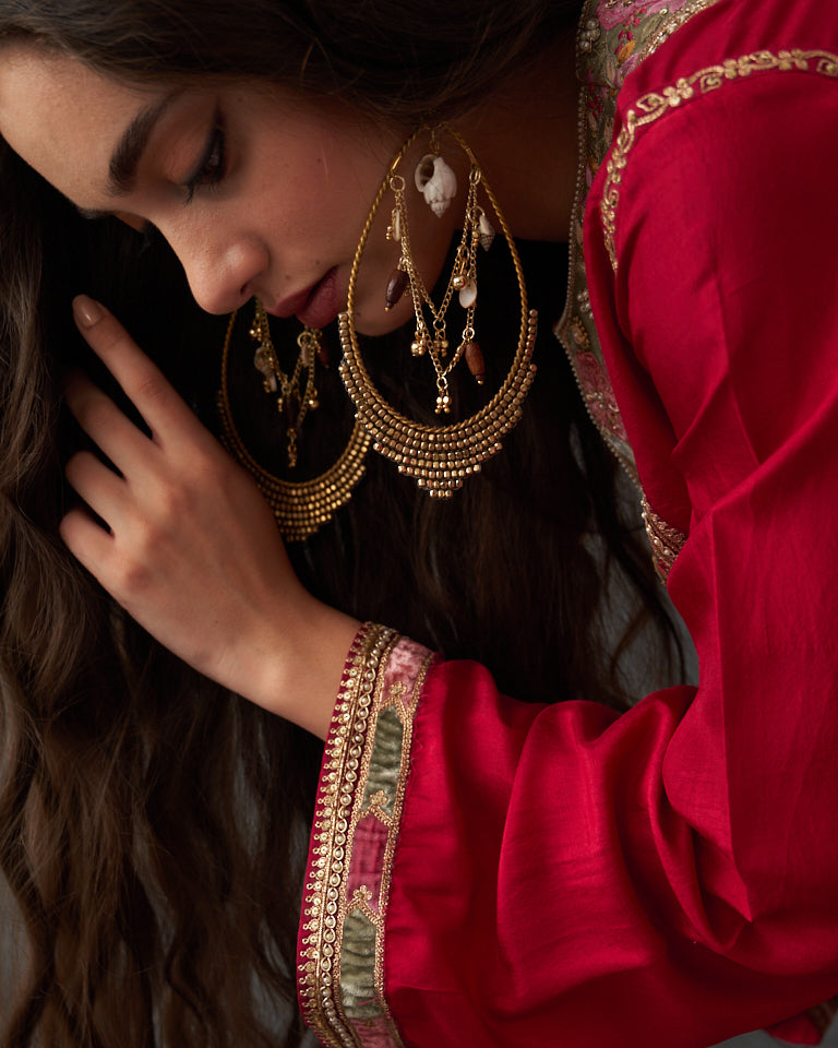 Velvet Patchwork  Asymetrical Kurta With Embroidered Pants