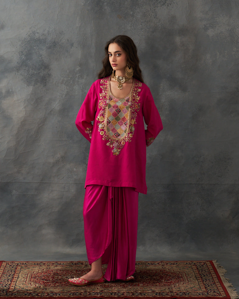 Velvet Patchwork Festive Pret Short Kurti With Draped Skirt