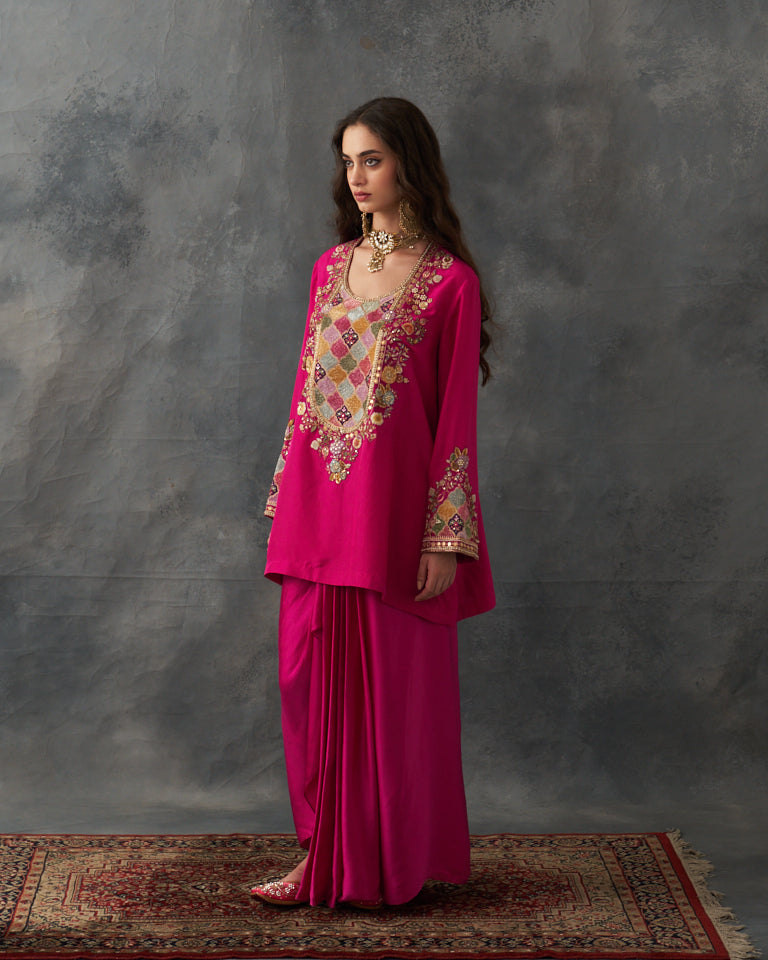 Velvet Patchwork Festive Pret Short Kurti With Draped Skirt