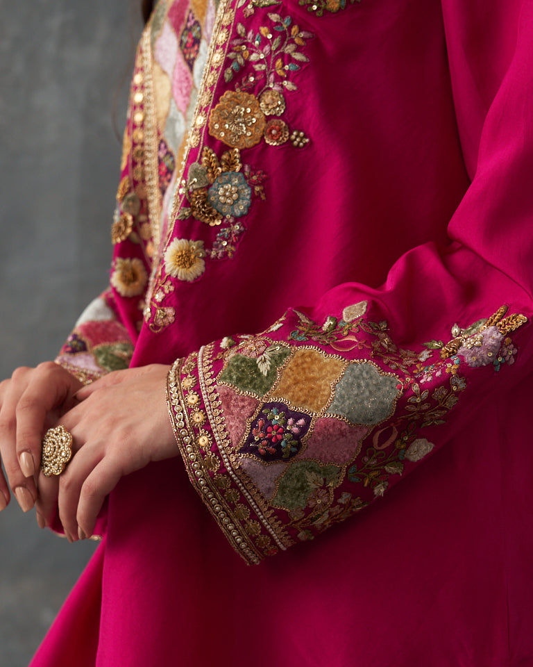 Velvet Patchwork Festive Pret Short Kurti With Draped Skirt