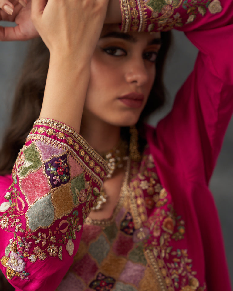 Velvet Patchwork Festive Pret Short Kurti With Draped Skirt