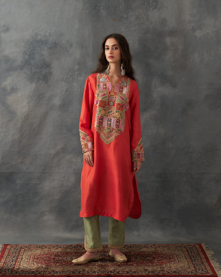 Velvet Patchwork U Shaped Kurta Set.