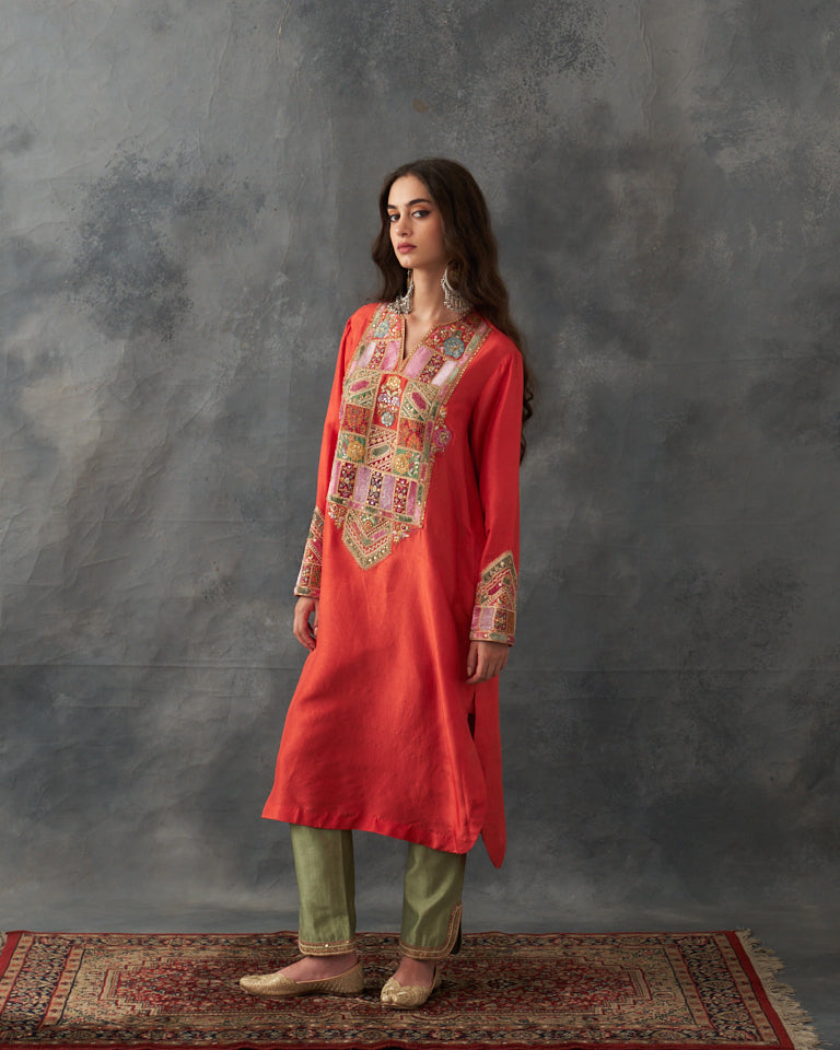 Velvet Patchwork U Shaped Kurta Set.