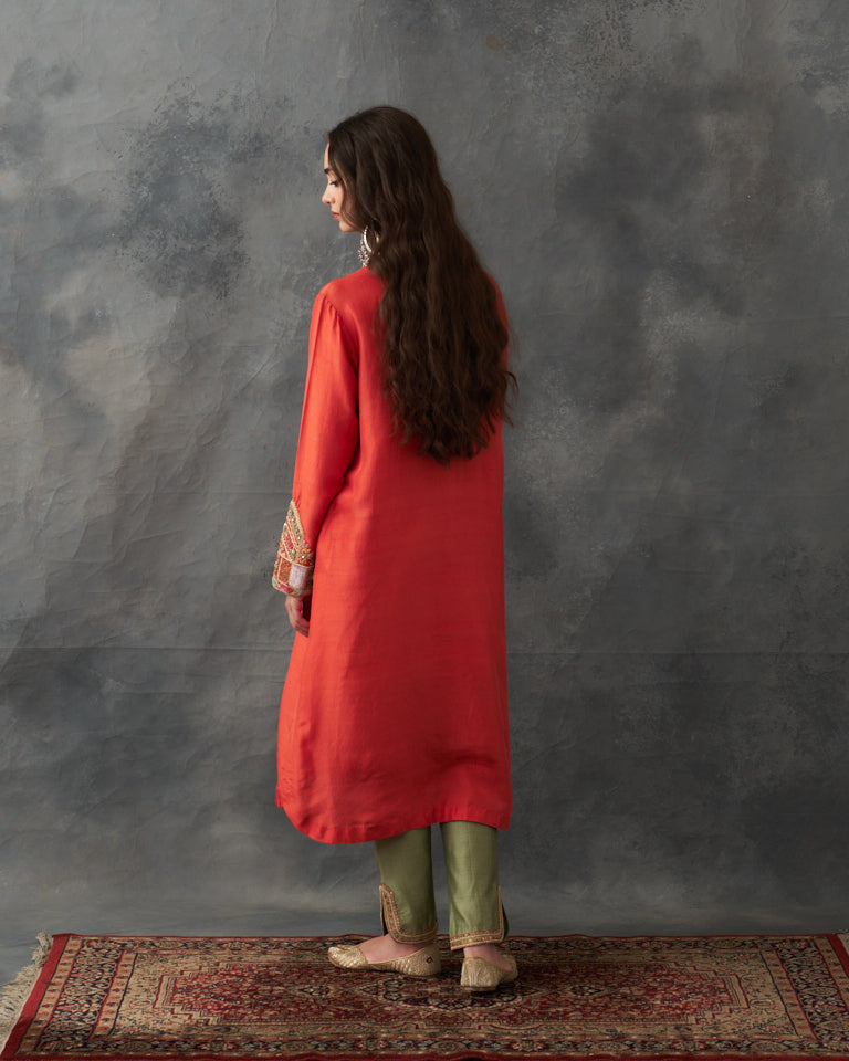 Velvet Patchwork U Shaped Kurta Set.