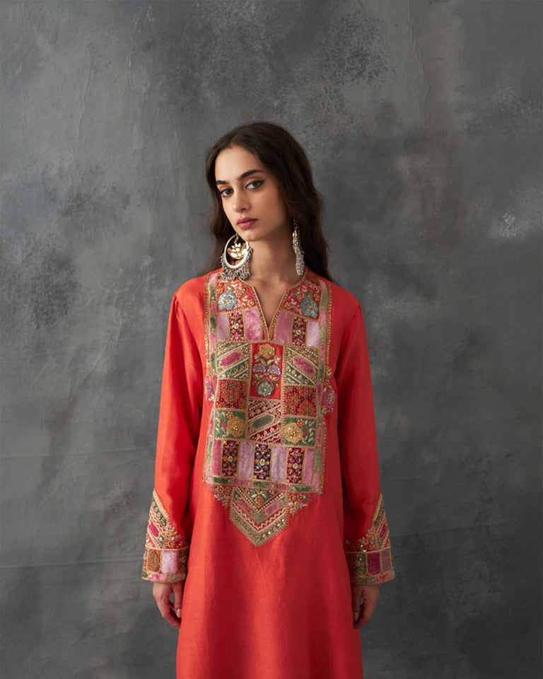 Velvet Patchwork U Shaped Kurta Set.