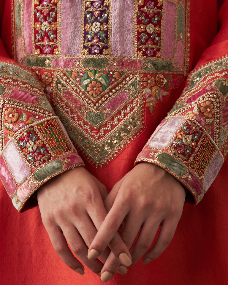 Velvet Patchwork U Shaped Kurta Set.