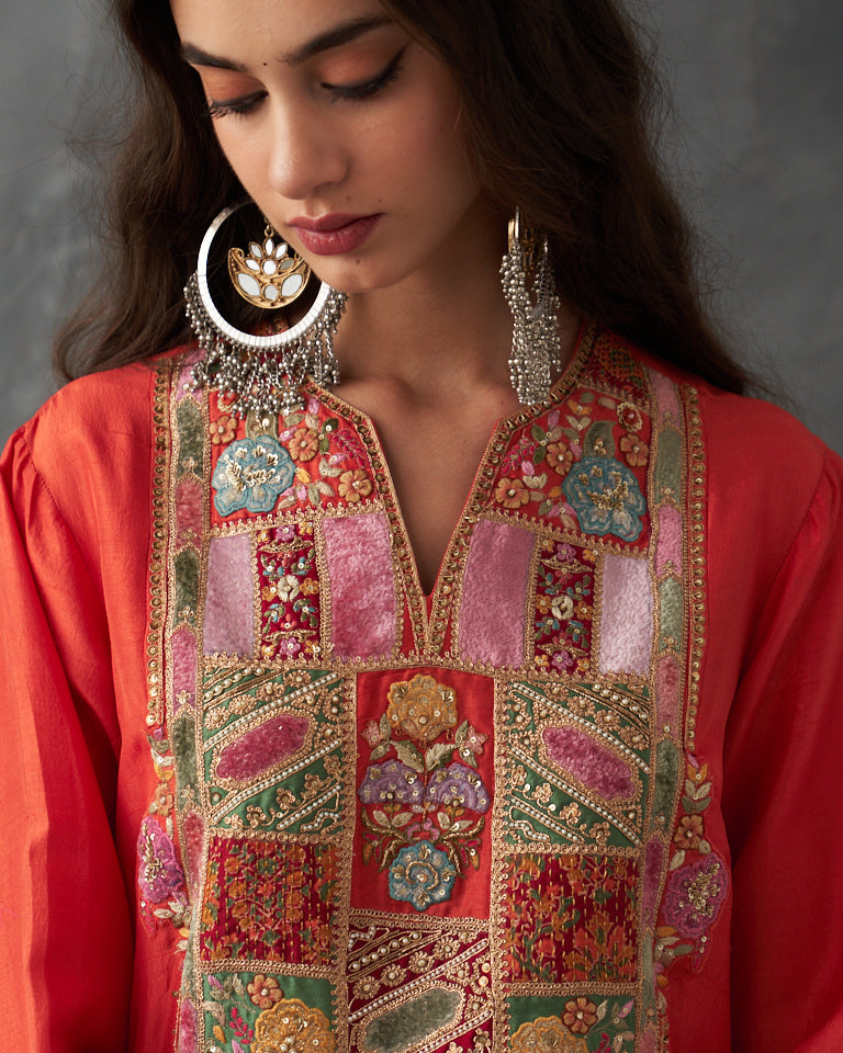 Velvet Patchwork U Shaped Kurta Set.