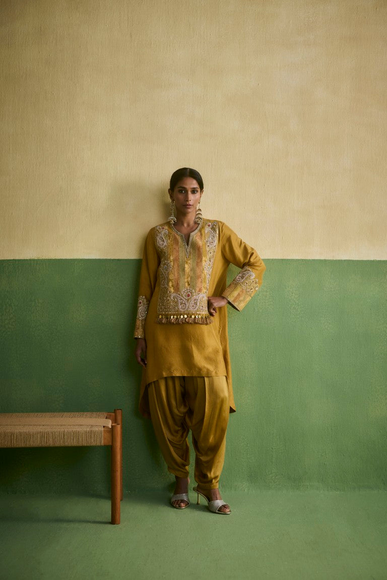 Brocade Asymetrical Kurta With Dhoti.