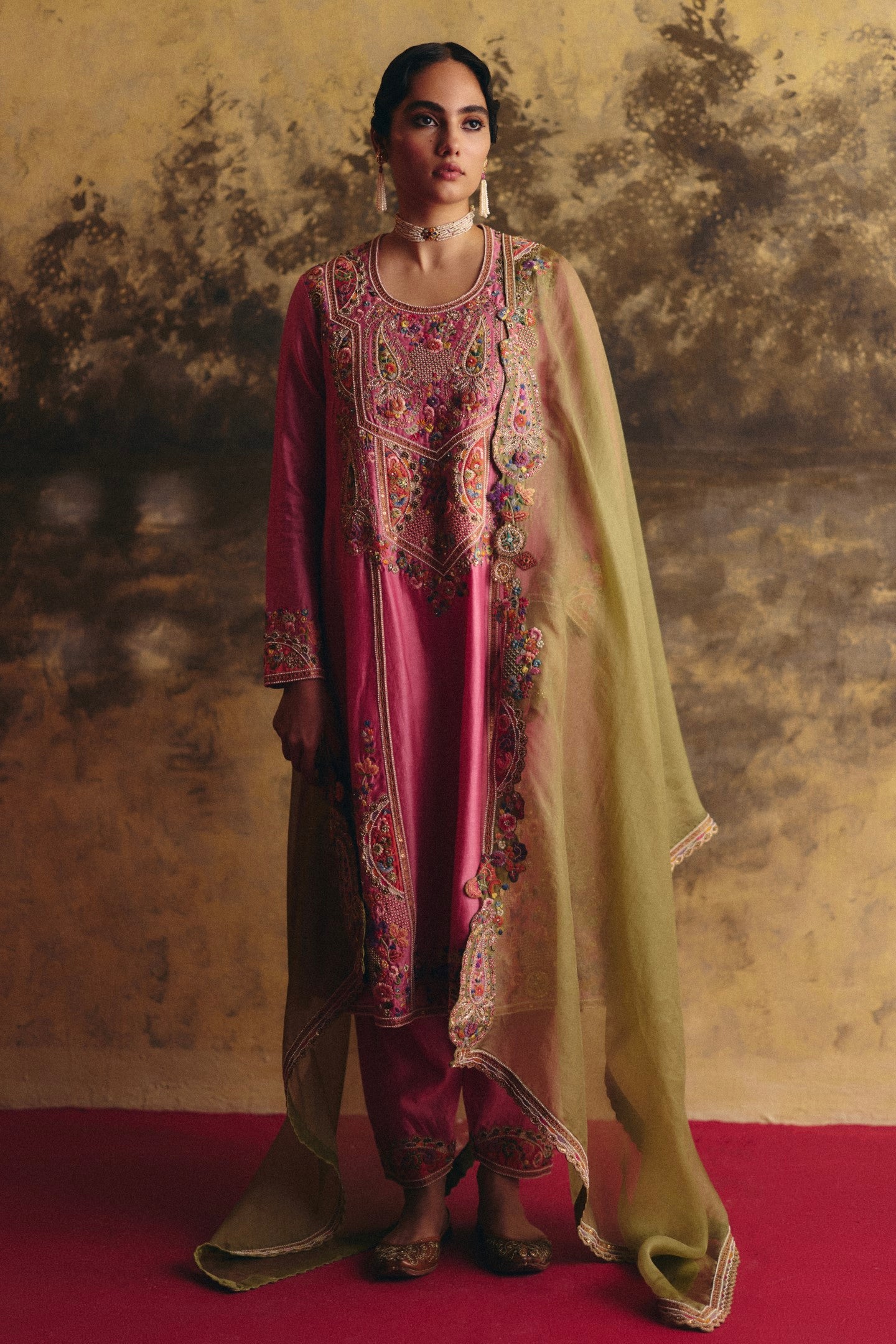 Long firan kurta with  pants and dupatta
