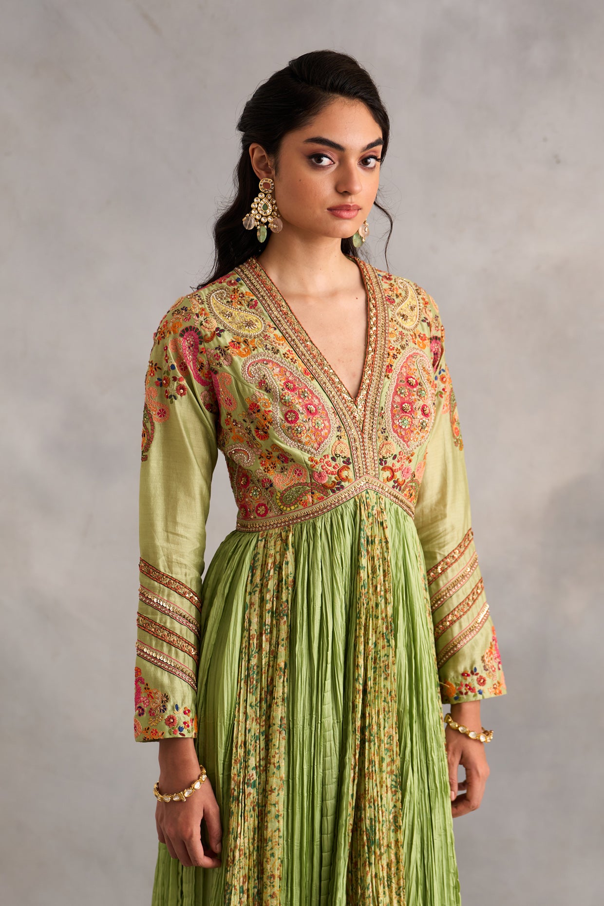 Crushed Kalidar With Printed Panels And Dupatta
