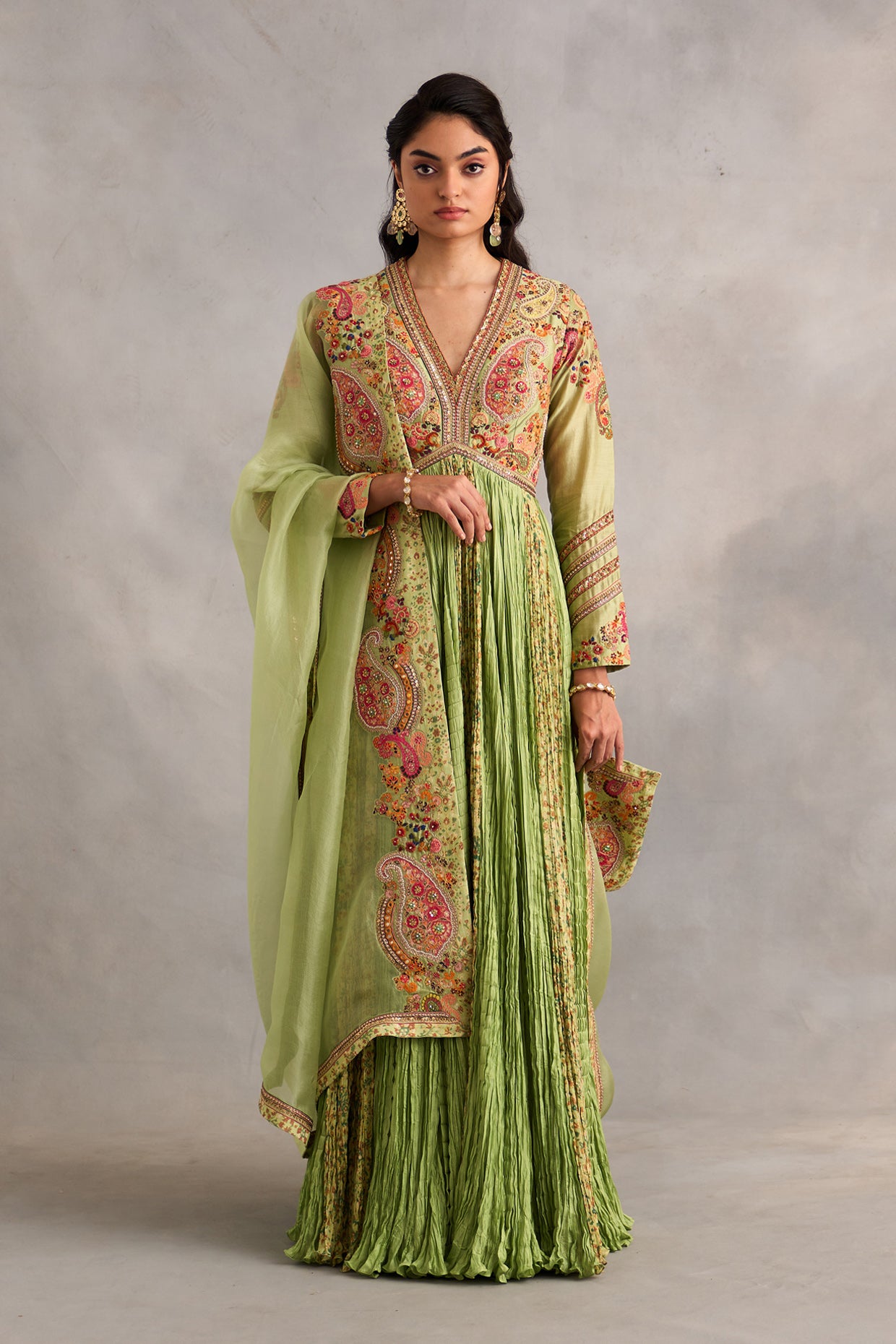 Crushed Kalidar With Printed Panels And Dupatta