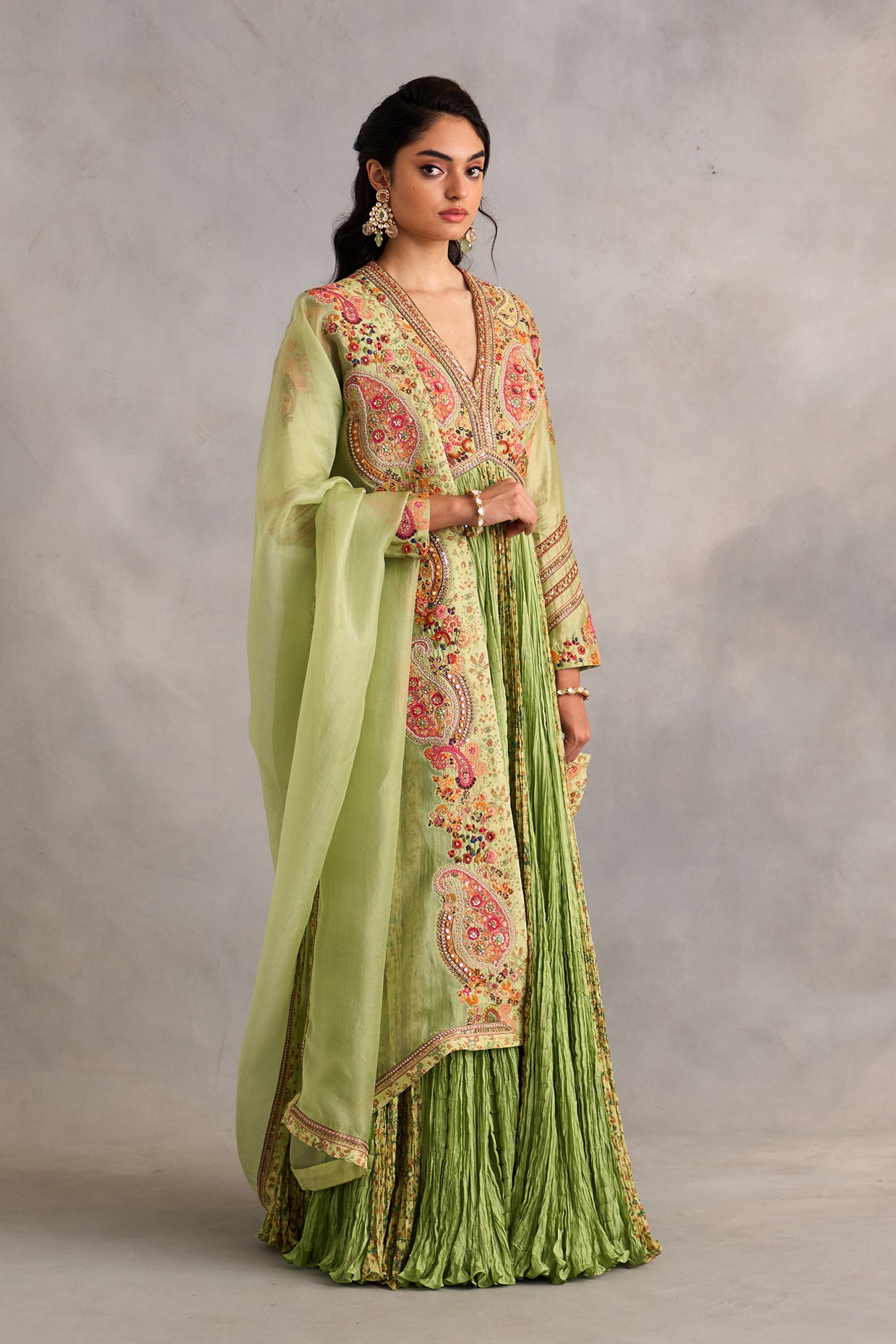 Crushed Kalidar With Printed Panels And Dupatta