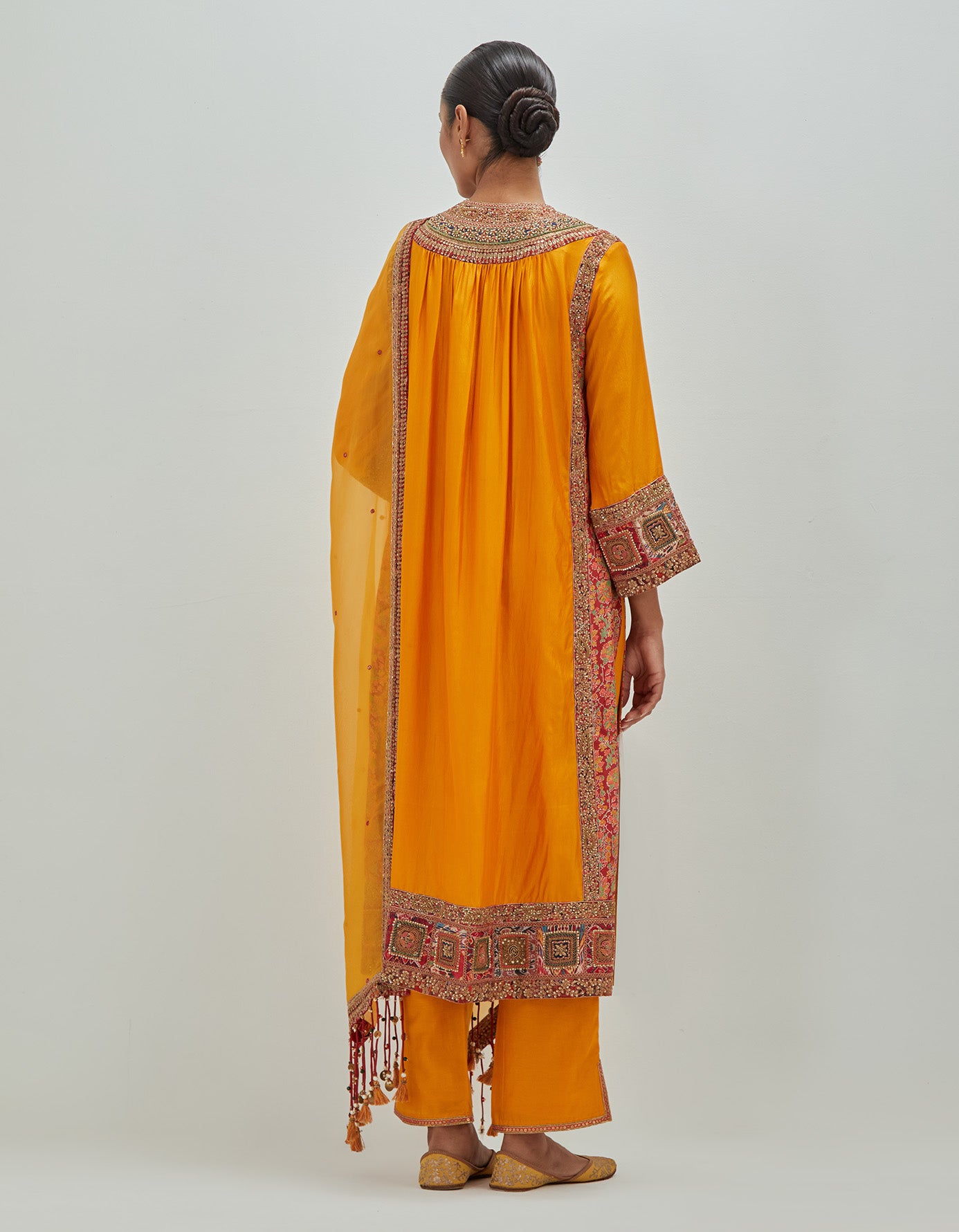 front Gathered Kurta with Pants and Tassel Dupatta