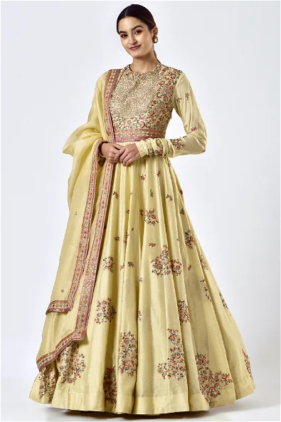 Faded Yellow Chanderi Kalidar Anarkali Set