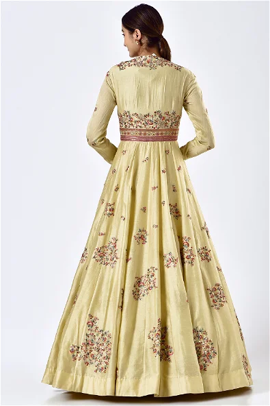Faded Yellow Chanderi Kalidar Anarkali Set