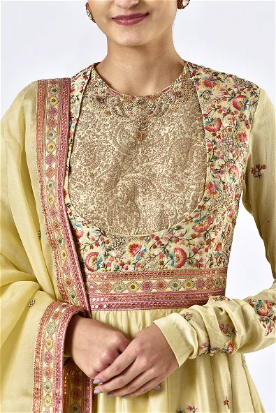 Faded Yellow Chanderi Kalidar Anarkali Set