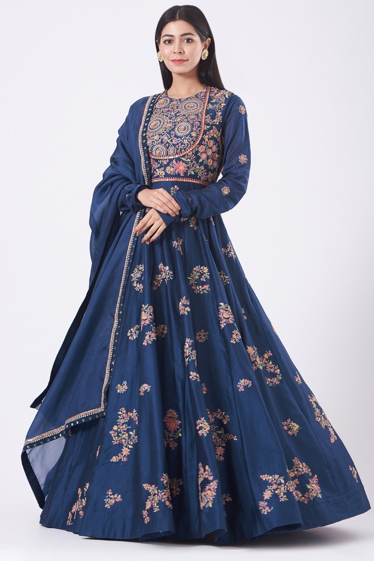 Blue Chanderi Embroidered Anarkali Set