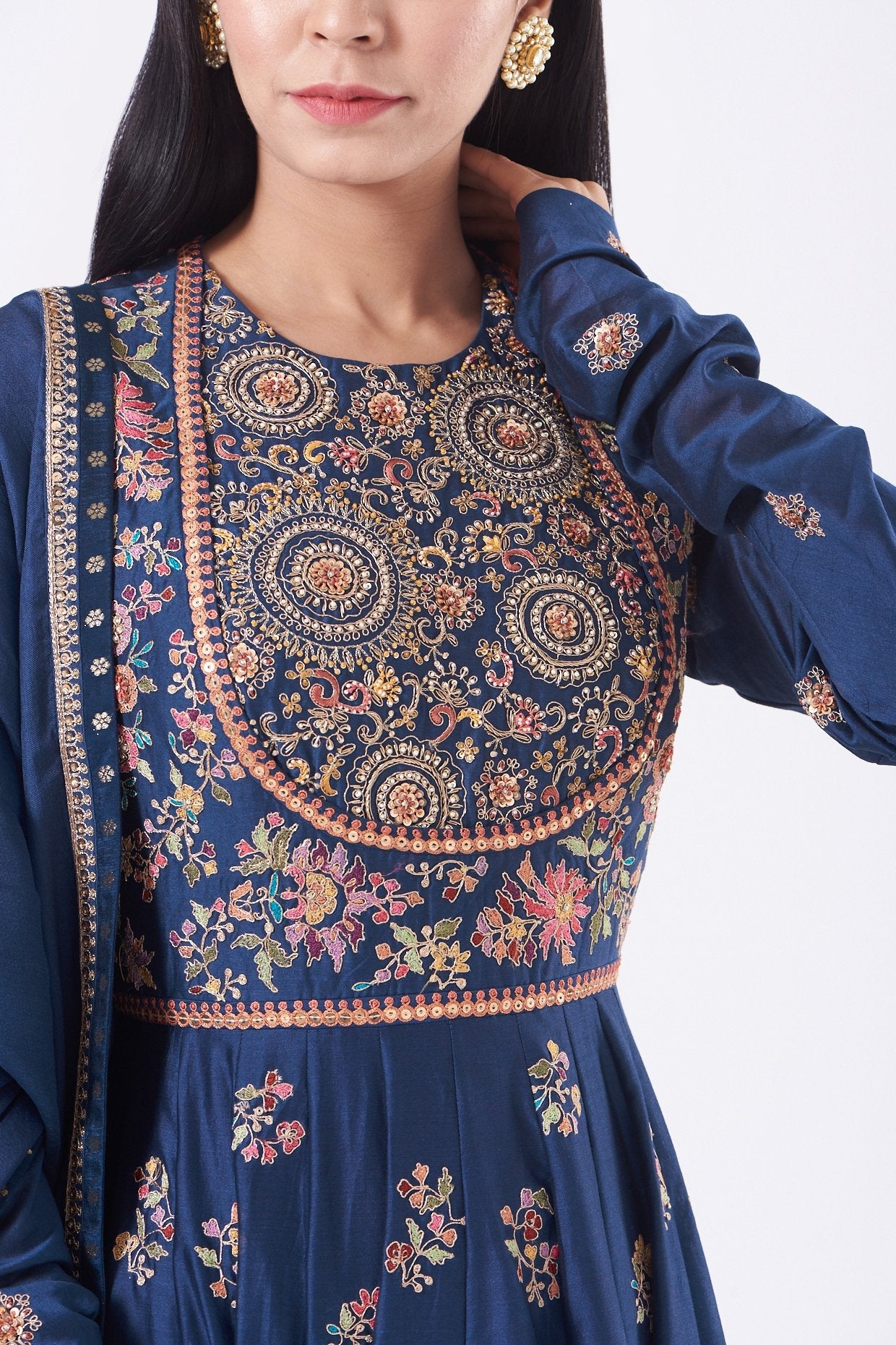 Blue Chanderi Embroidered Anarkali Set