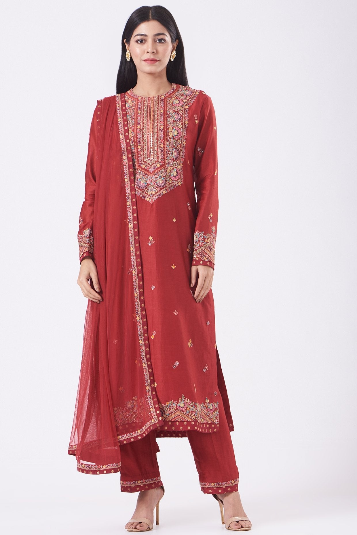Red Embroidered Kurta Set