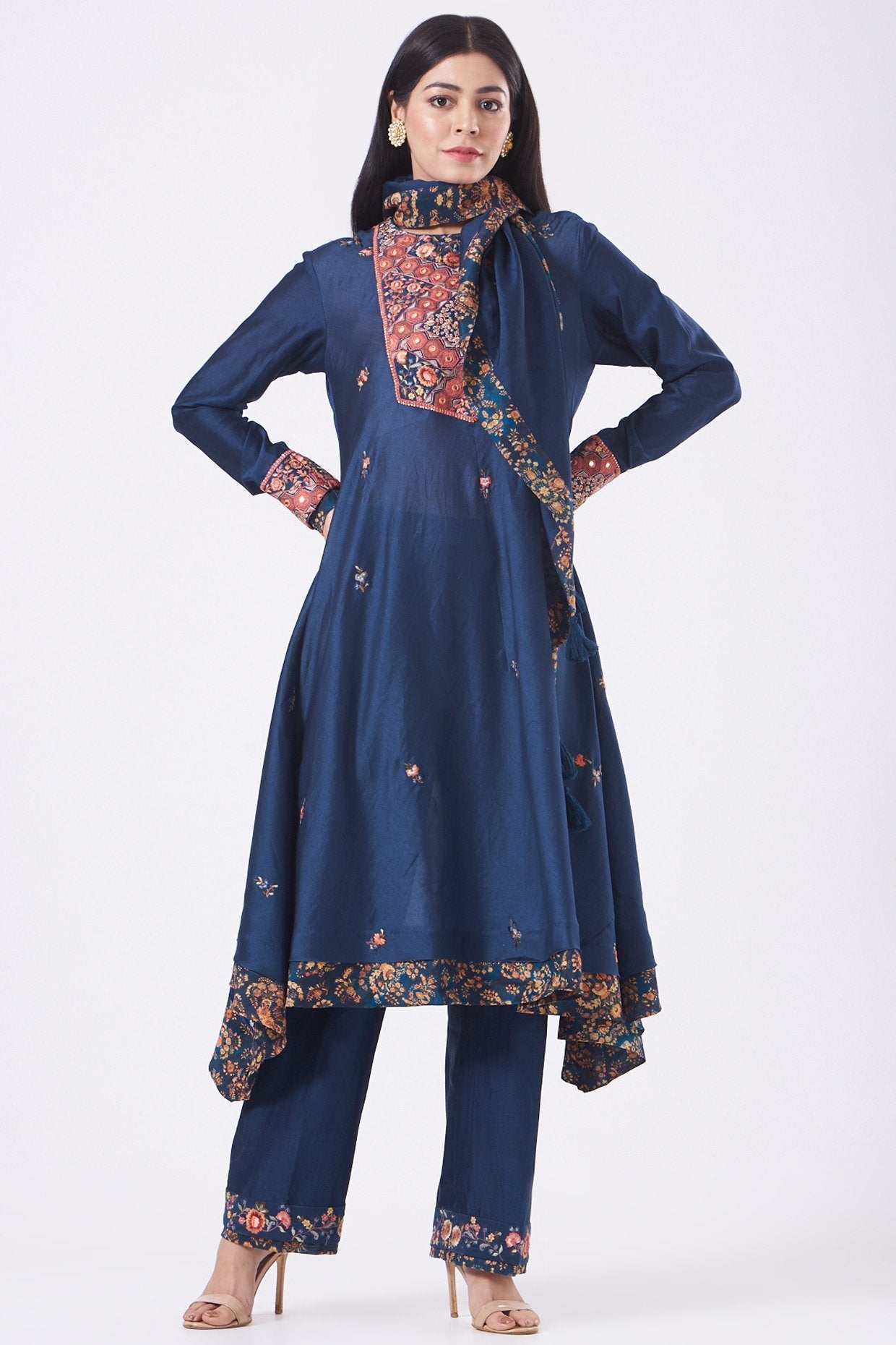 Blue Pakistani Chanderi Embroidered Kurta Set