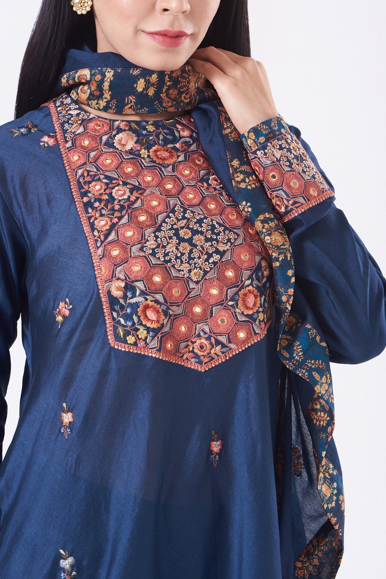 Blue Pakistani Chanderi Embroidered Kurta Set