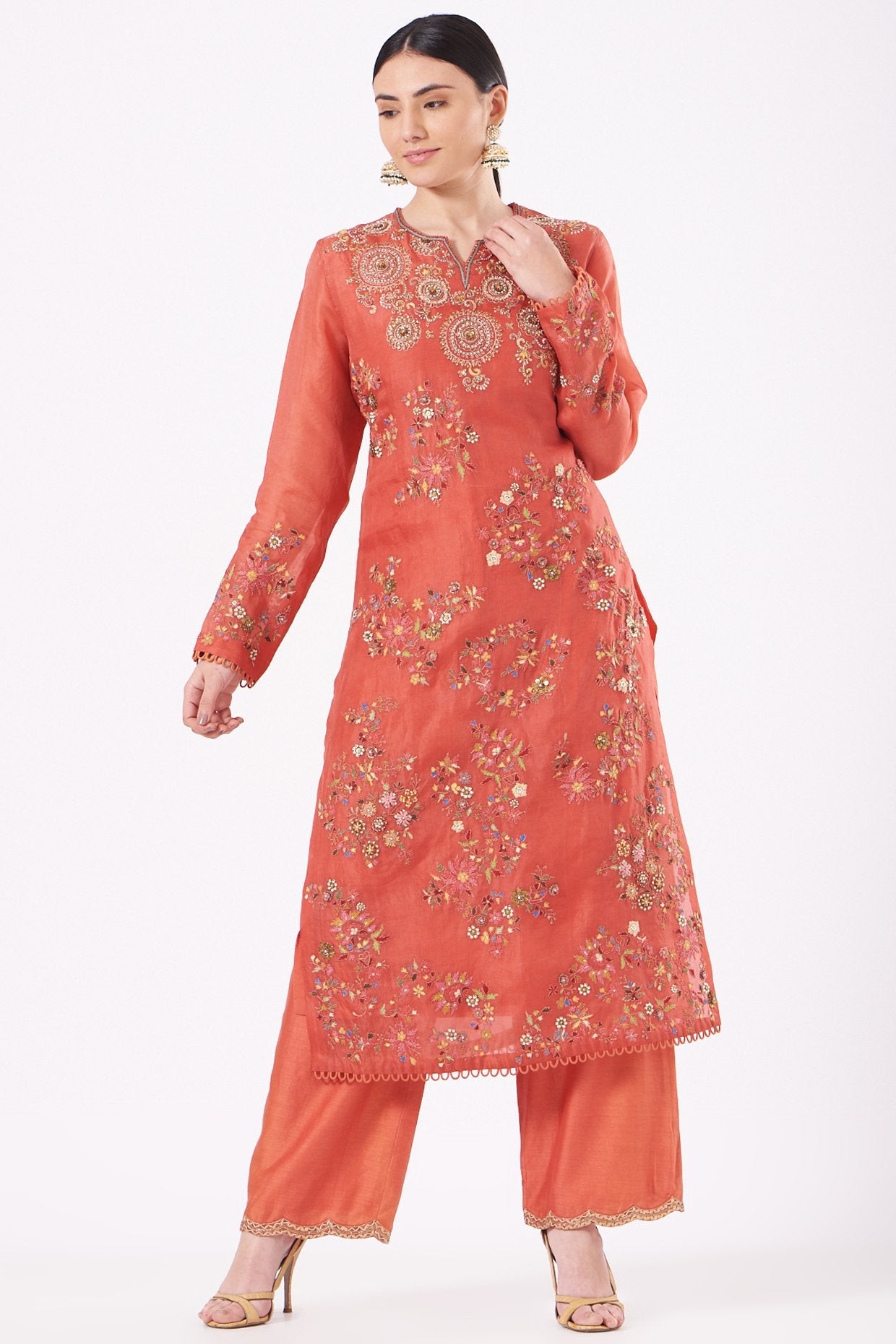 Deep Orange Embroidered Kurta Set
