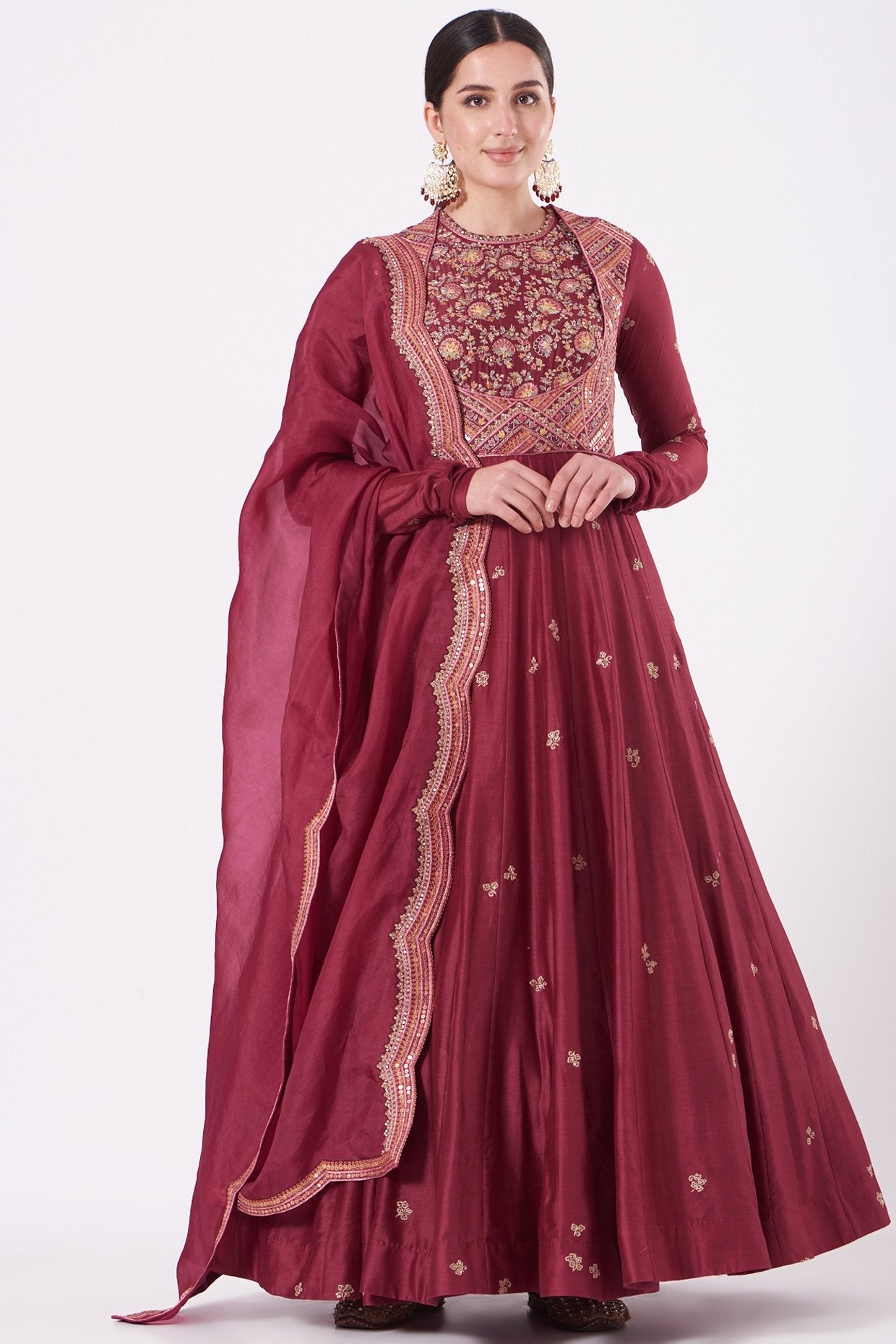 Maroon Chanderi Kalidar Anarkali Set