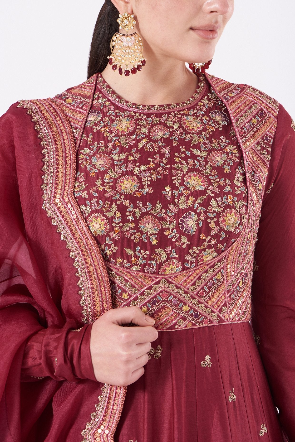 Maroon Chanderi Kalidar Anarkali Set