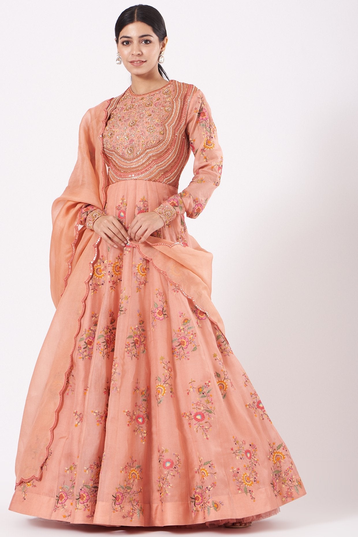 Peach Embroidered Kalidar Anarkali Set