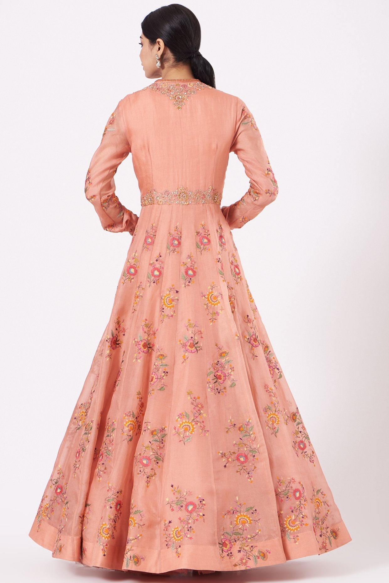 Peach Embroidered Kalidar Anarkali Set