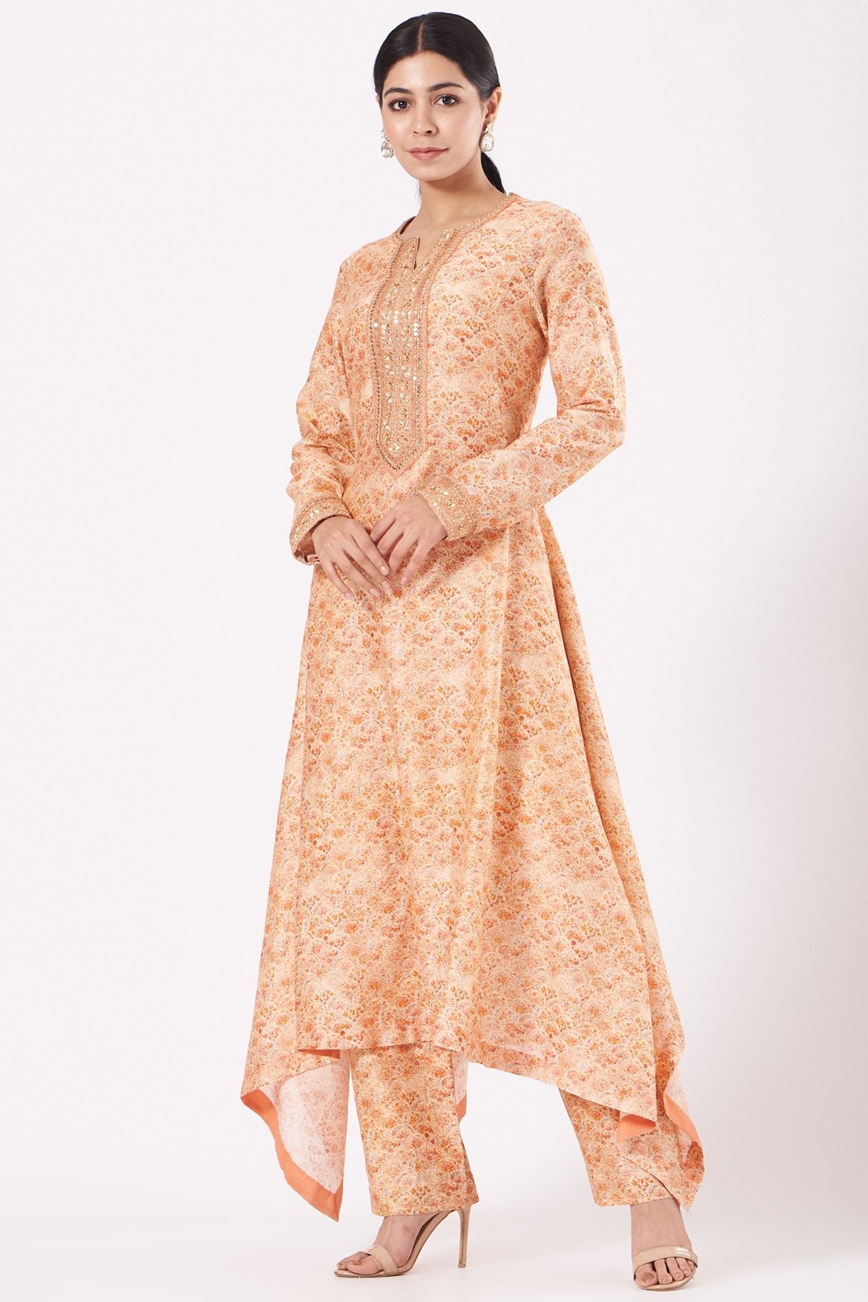 Peach Printed Asymmetrical Kurta Set