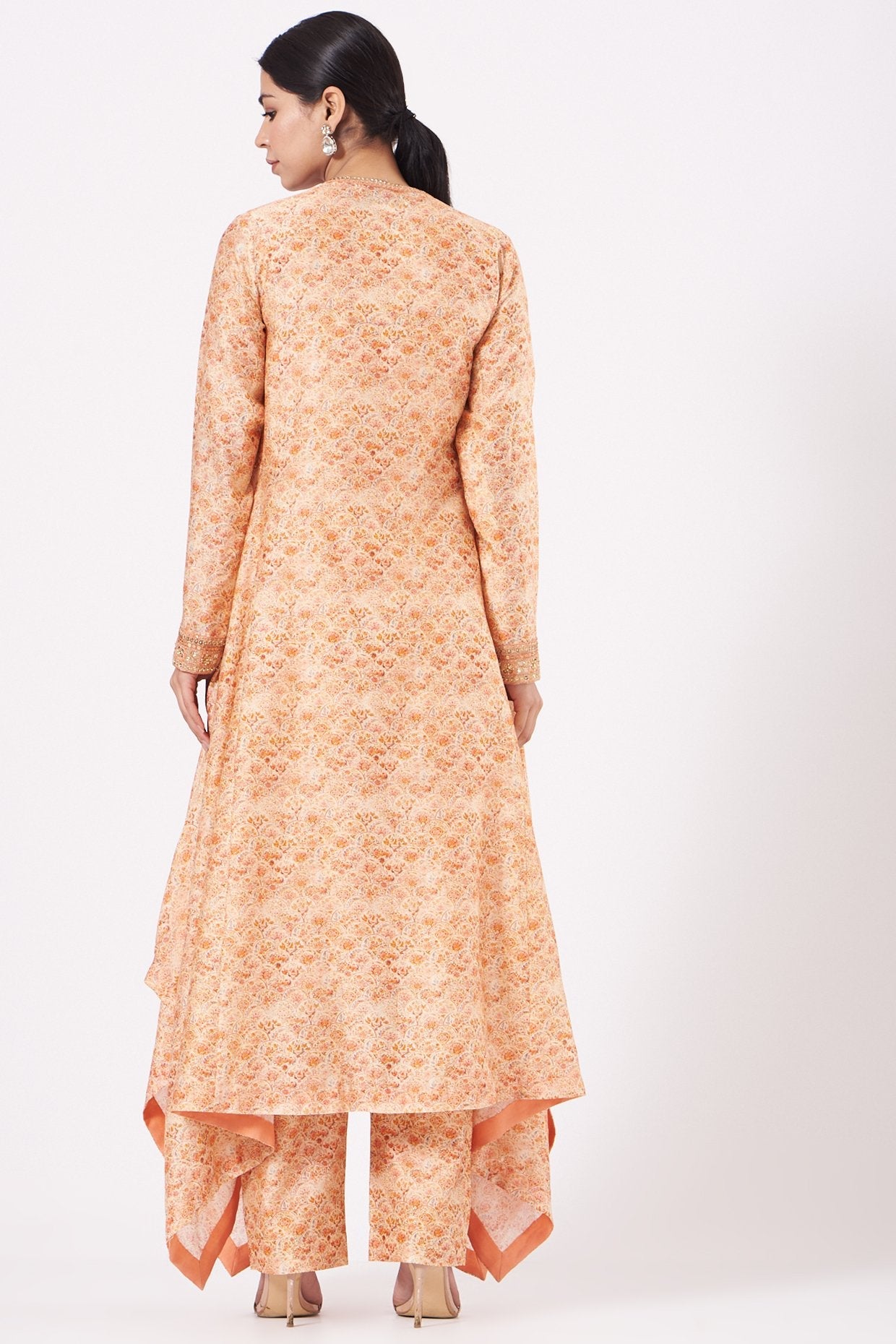Peach Printed Asymmetrical Kurta Set